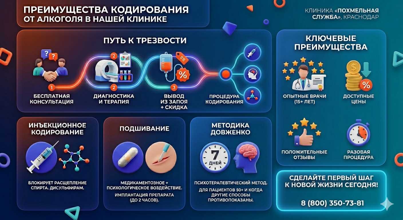 Инфографика о методах кодирования от алкоголя в Зарайске: инъекции, подшивание, метод Довженко. Преимущества клиники и этапы лечения.